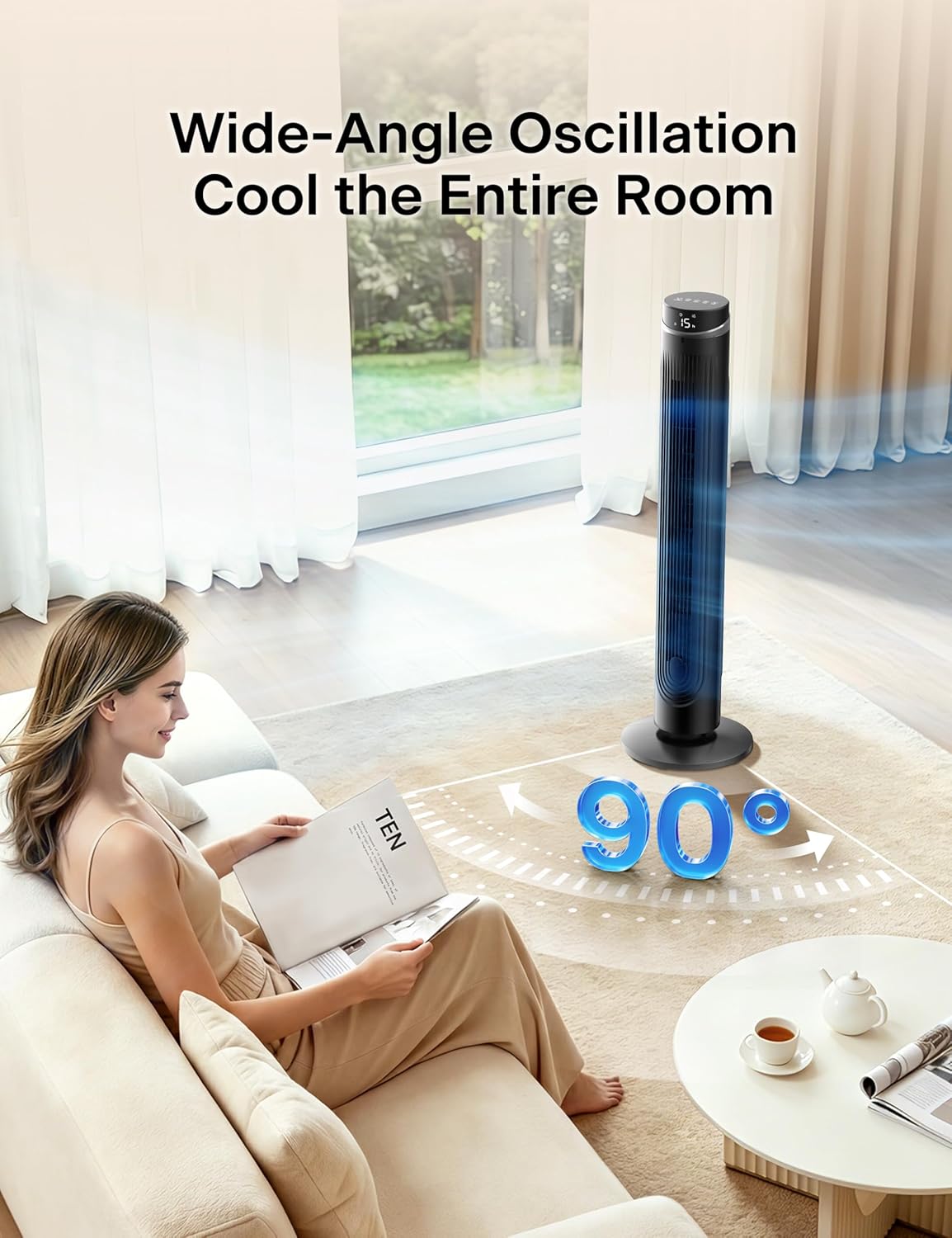 PELONIS 40 inch Bladeless Tower Fan for Bedroom, Standing Fan with Remote Control, 26ft/s, 90° Oscillation, 3 Speed Settings, 27dB, 3 Modes, 15-Hour Timer, LED Display, Fan that Blows Cold Air, White