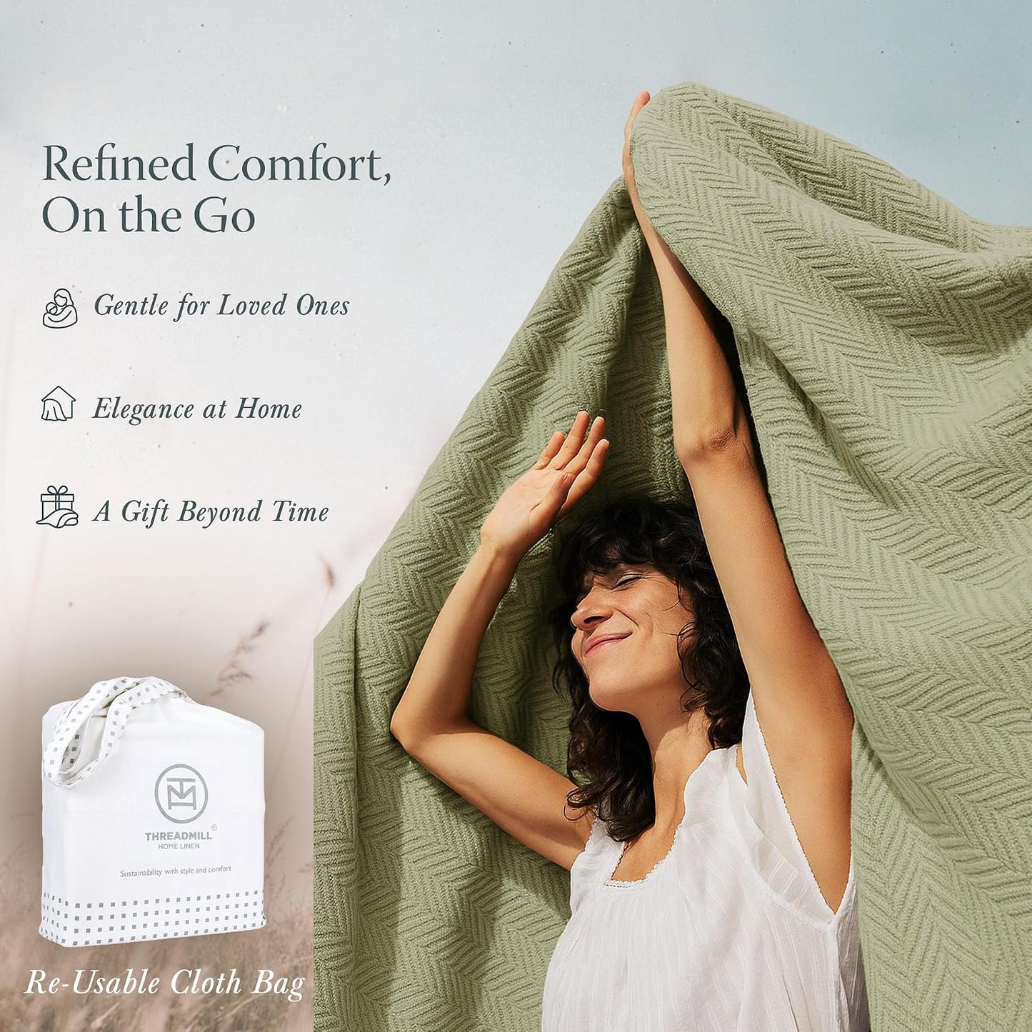 Threadmill Travel Blanket Cotton Viscose from Bamboo - Airplane Premium Soft Flight Grey Throw Blanket in Cloth Bag (Grey Color) Compact & Portable Blanket for Travel, Car, Picnic & Camping