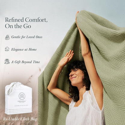 Threadmill Travel Blanket Cotton Viscose from Bamboo - Airplane Premium Soft Flight Grey Throw Blanket in Cloth Bag (Grey Color) Compact & Portable Blanket for Travel, Car, Picnic & Camping