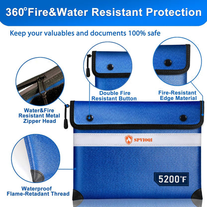 Upgraded Fireproof Document Bag - 5200F Heat Insulated, 14.2"x11" Fireproof Money Bag with 8 Layers of Functional Materials, Water & Fire Proof with Zipper/Metal Snap/Reflective Strip