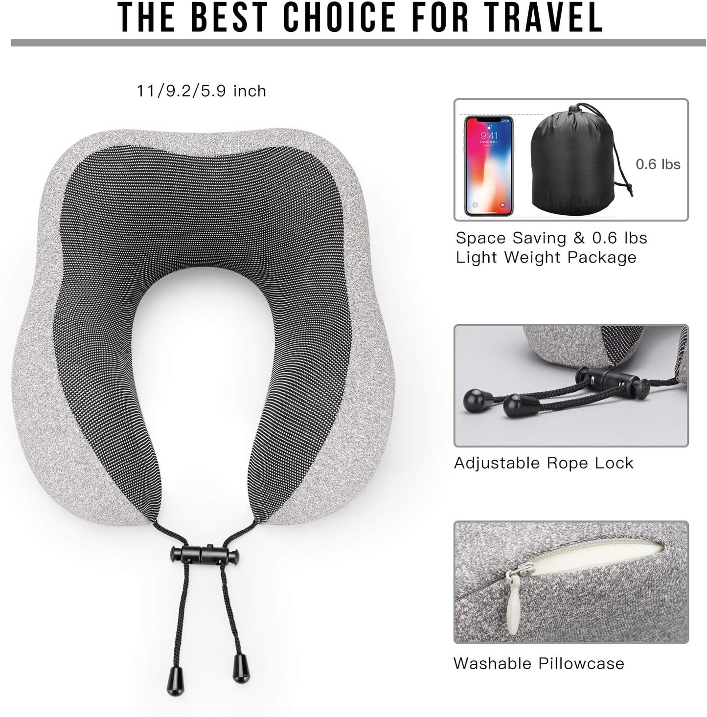 MLVOC Neck Pillow for Traveling, Upgraded 100% Pure Memory Foam Travel Neck Pillow for Airplane Flight Sleep, Breathable & Machine Washable Cover, Travel Kit with 3D Eye Mask, Earplugs & Bag, Black