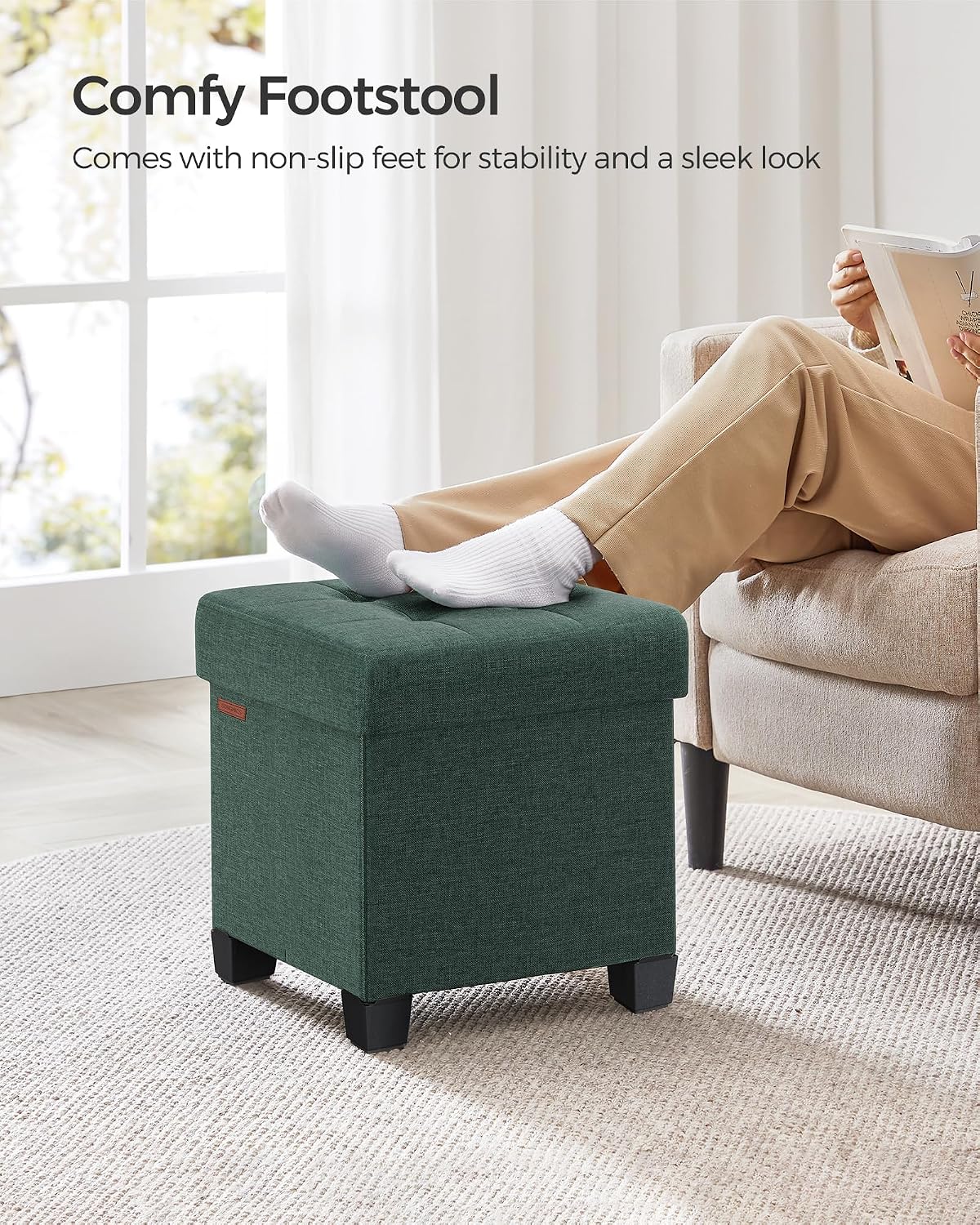 SONGMICS Storage Ottoman, Small Ottoman Foot Rest with Legs, 12.6 x 15.7 x 13.2 Inches Foot Stool, Load up to 660 lb, for Living Room, Bedroom, Dorm, Slate Gray ULSF012G01