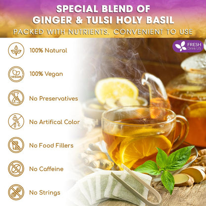 FreshDrinkUS, Premium 55 Ginger Tulsi Tea Bags, 100% Natural, Hand-made Blend of Ginger and Tulsi Holy Basil Leaves, Eco-conscious Tea Bags. Herbal Tea. No Sugar, No Caffeine, Vegan.