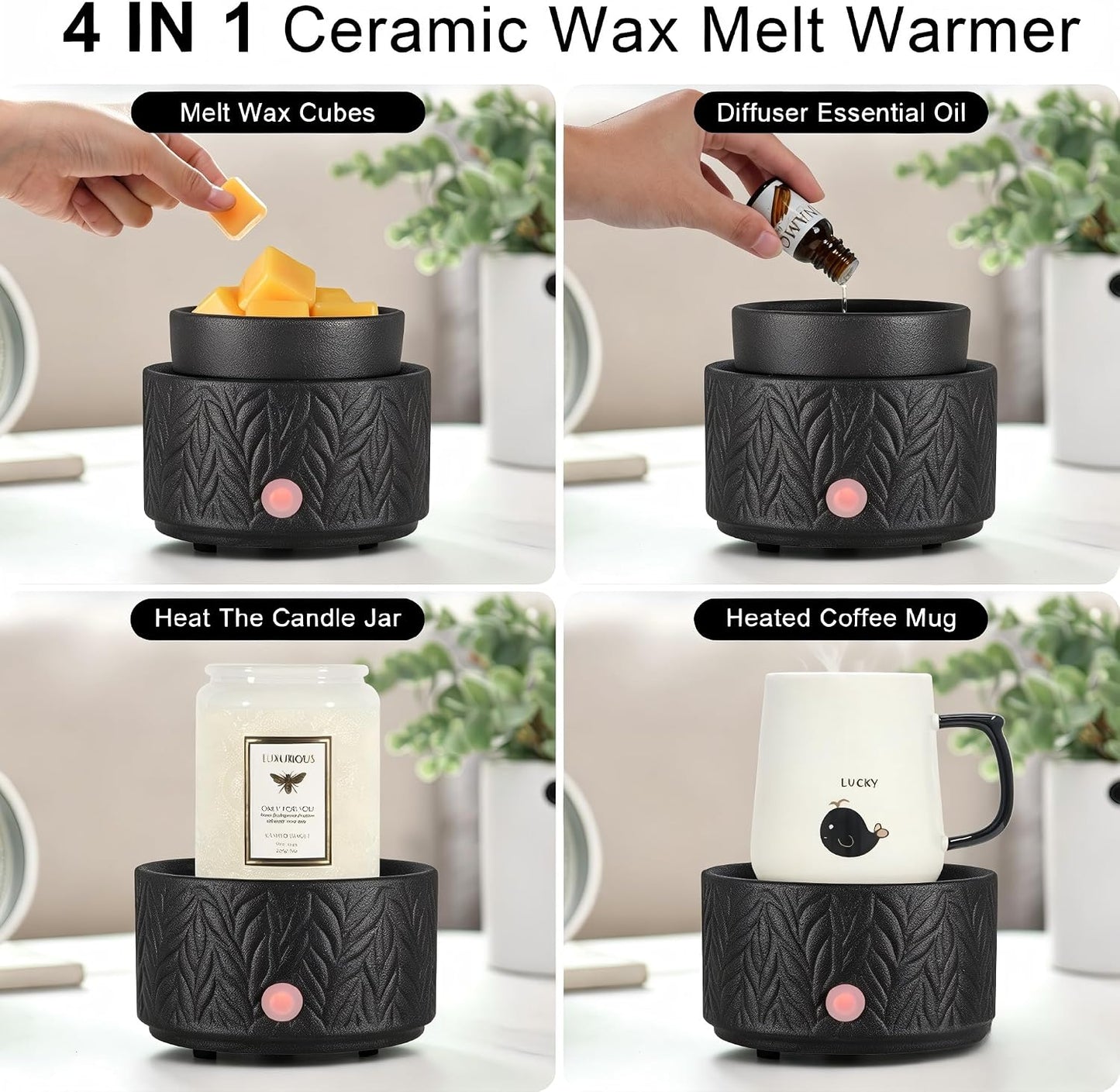 Ceramic Wax Melt Warmer, Fragrance Wax Warmer 4-in-1 Electric Candle Wax Melter and Wax Cubes for Home Office Bedroom Aromatherapy Essential Oil Burner is Birthday Gifts for Women Mom Girl(Dark Brown)