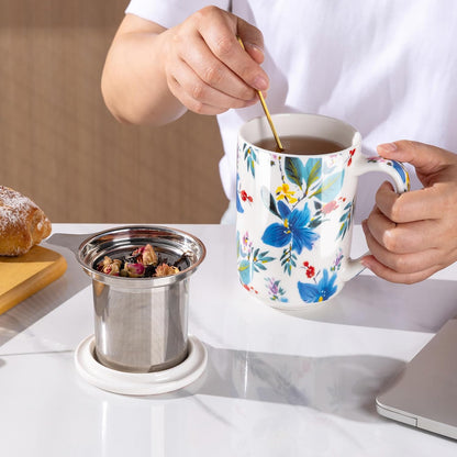 AmorArc Porcelain Tea Mug with Infuser and Lids, 18 Oz Large Cup Strainer with Bag Holder for Loose Leaf Tea, Steeping Coffee Mug for House-warming Wedding Birthday Gift