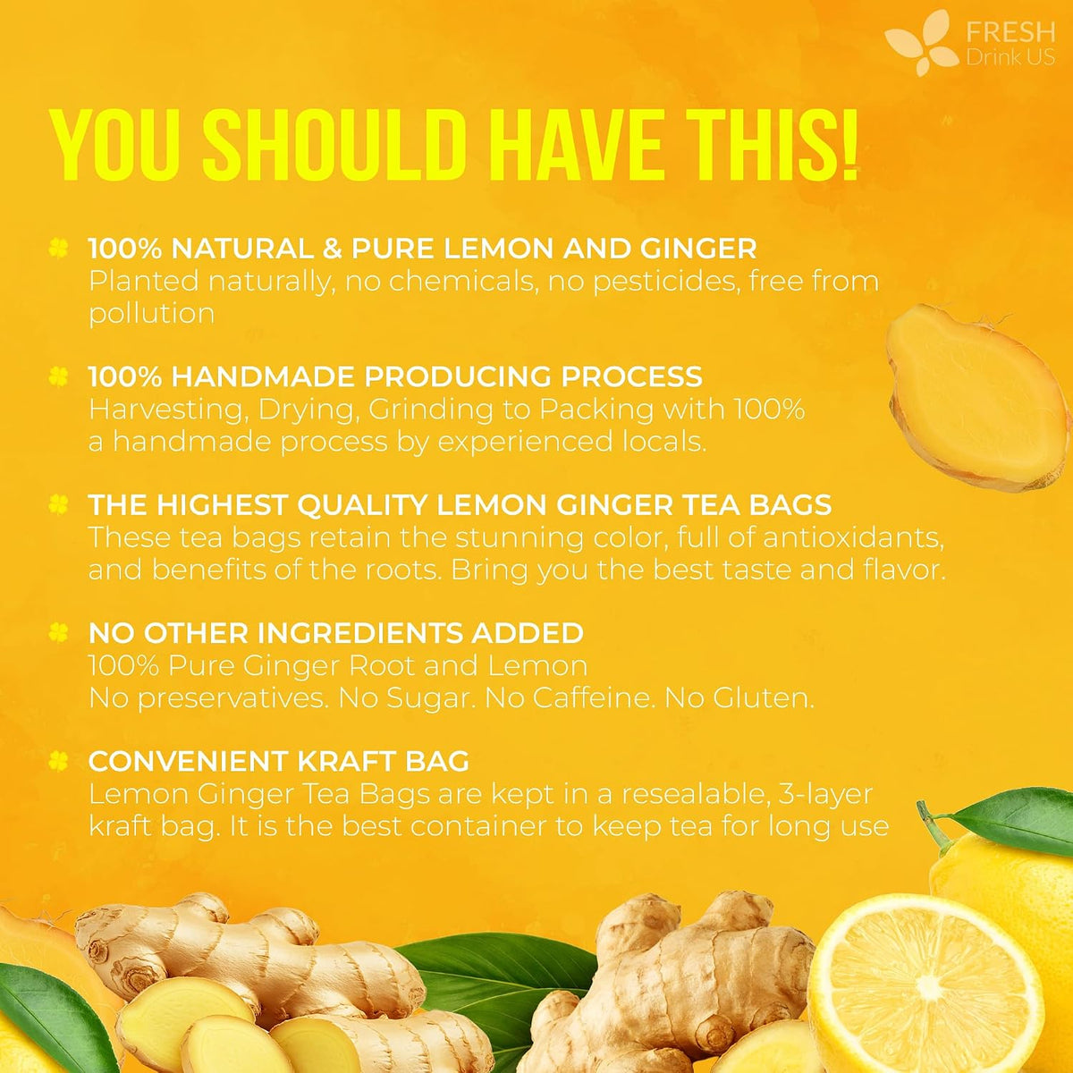 FreshDrinkUS, Premium 75 Lemon Ginger Tea Bags, 100% Natural Ingredients, Hand-made Blend of Lemon and Ginger, Eco-conscious Tea Bags. No Sugar, No Caffeine, No Gluten, Vegan.