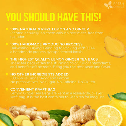 FreshDrinkUS, Premium 75 Lemon Ginger Tea Bags, 100% Natural Ingredients, Hand-made Blend of Lemon and Ginger, Eco-conscious Tea Bags. No Sugar, No Caffeine, No Gluten, Vegan.