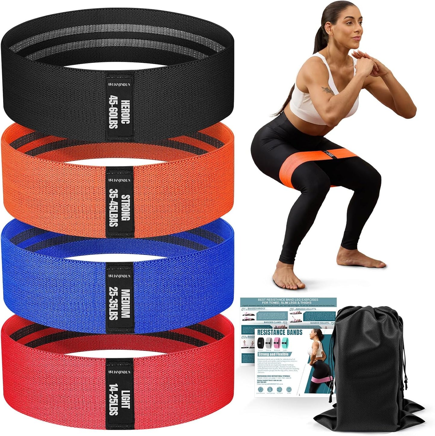 Resistance Bands for Working Out with Guide, 4 Workout Bands for Women & Men, Fabric Exercise Bands for Legs, Hip, Glute, Butt, Booty Bands Set for Yoga, Pilates, Strength