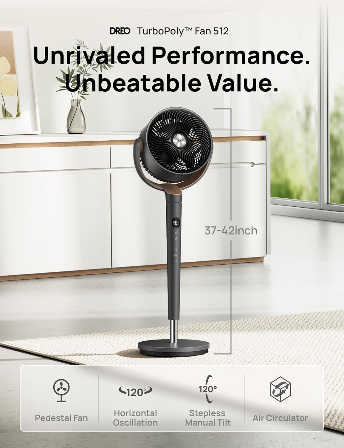DREO Fan for Bedroom, 120° Oscillating Standing Fan, Quiet Floor Fan with DC Motor, Pedestal Fan for Room, 9 Speeds, 4 modes, 20dB, 120° Manual Vertical, 37-42" Adjustable Height, 9H Timer, Dark Gray