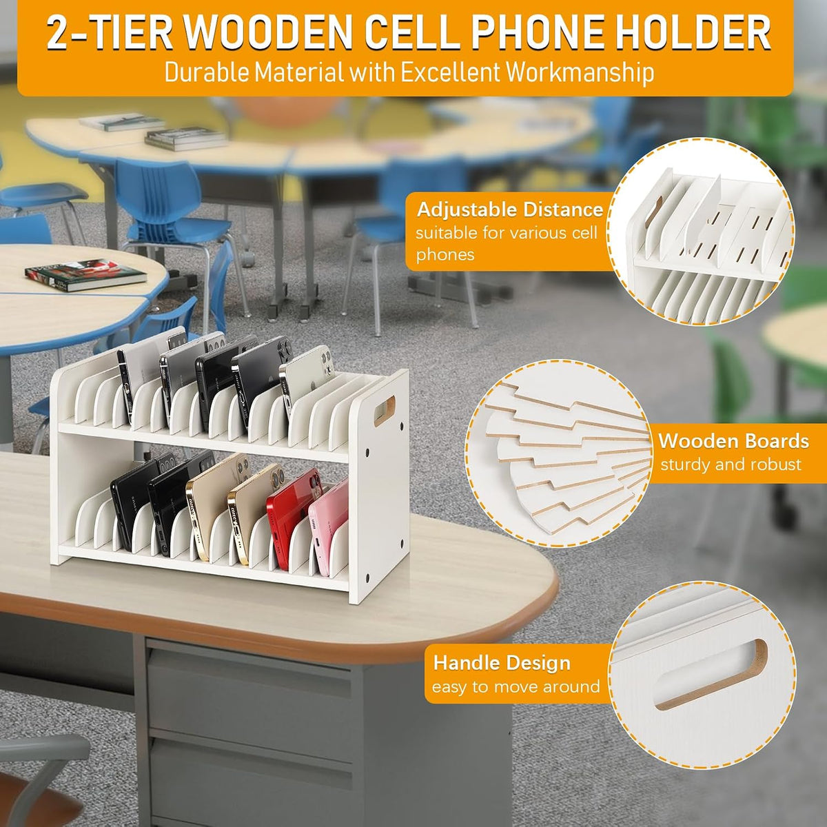 30-Grid Wooden Cell Phone Holder stand with 1-30 Number Stickers, Black