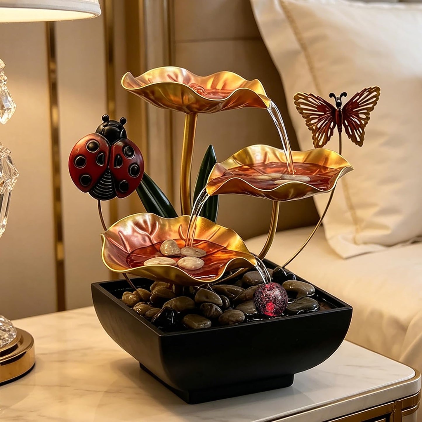 Tabletop Fountain,Indoor Water Fountain,Home Fengshui Décor Zen Relaxation Soothing Sound Machine for Office,Living Room,or Bedroom,Green Lotus,Hummingbird & Pink Flower