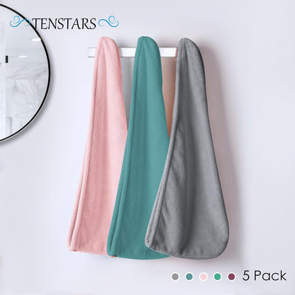 TENSTARS 5 Pack Thicken Microfiber Hair Towel Wrap for Women - Elastic Loop Design - 320GSM Coral Velvet - Quick Dry Hair Turban - 11x28 Inch (Pink)