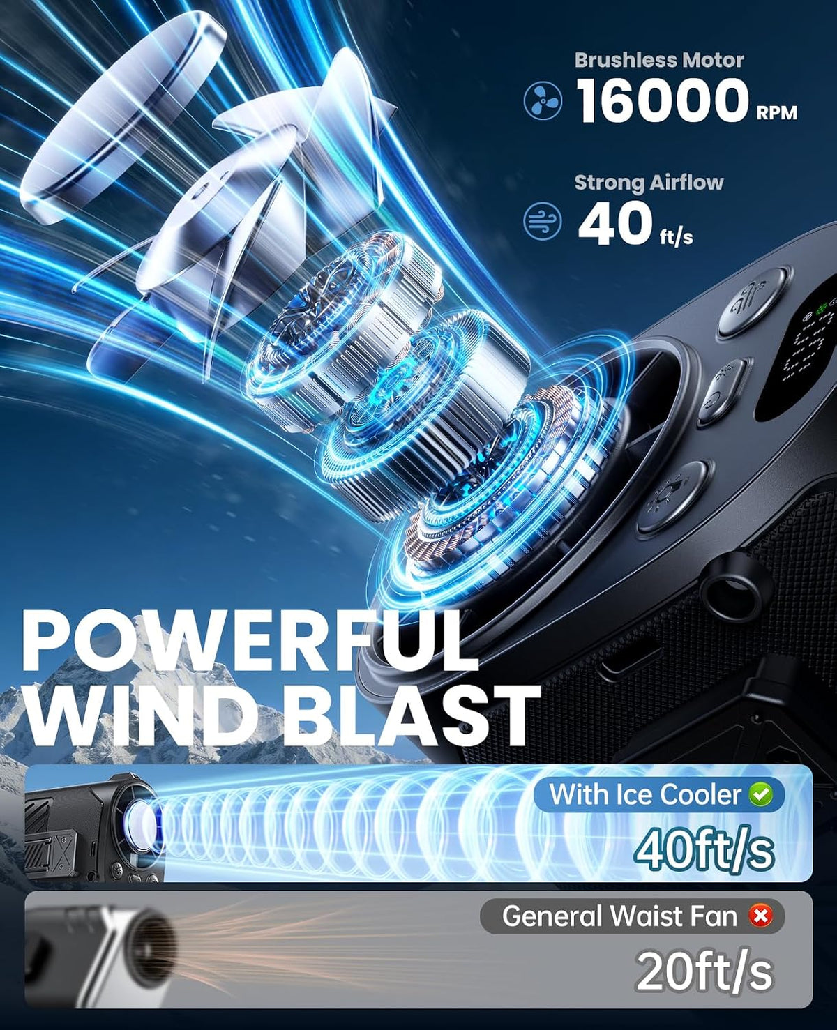 Portable Waist Fan with Ice Cooling, 4-in-1 Clip-On Fan for Car/Shirt/Hat/Belt, 16000RPM Strong Airflow, 12H Runtime, 100 Speed Settings, Wearable Fan for Outdoor Work, Camping, Travel Black