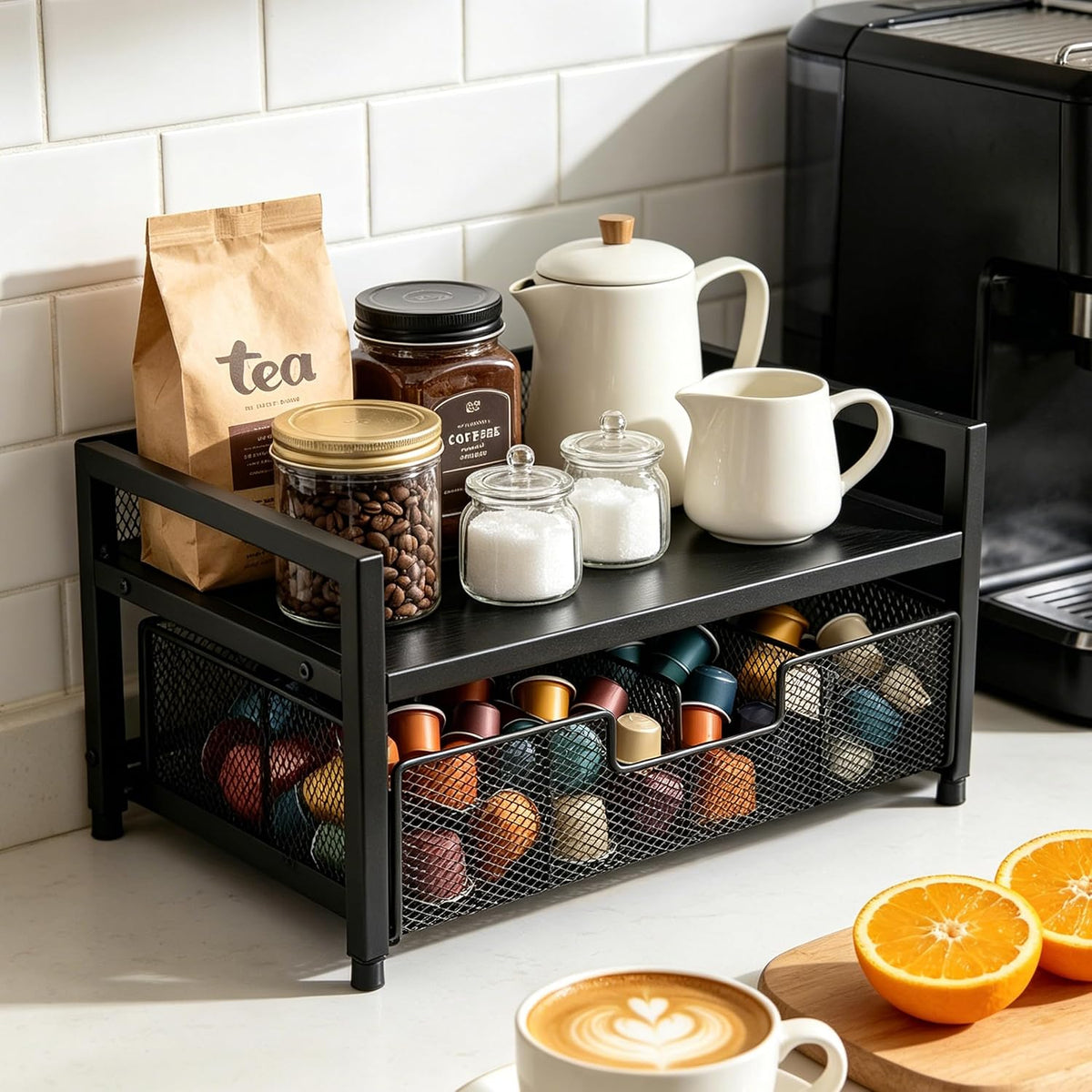 2 Tier Tea Bag Organizer - 8 Drawer Sliding Tea Box Organizer, Tea Bar Accessories Organizer for Countertop, Bar Station, Kitchen (Rustic Brown)