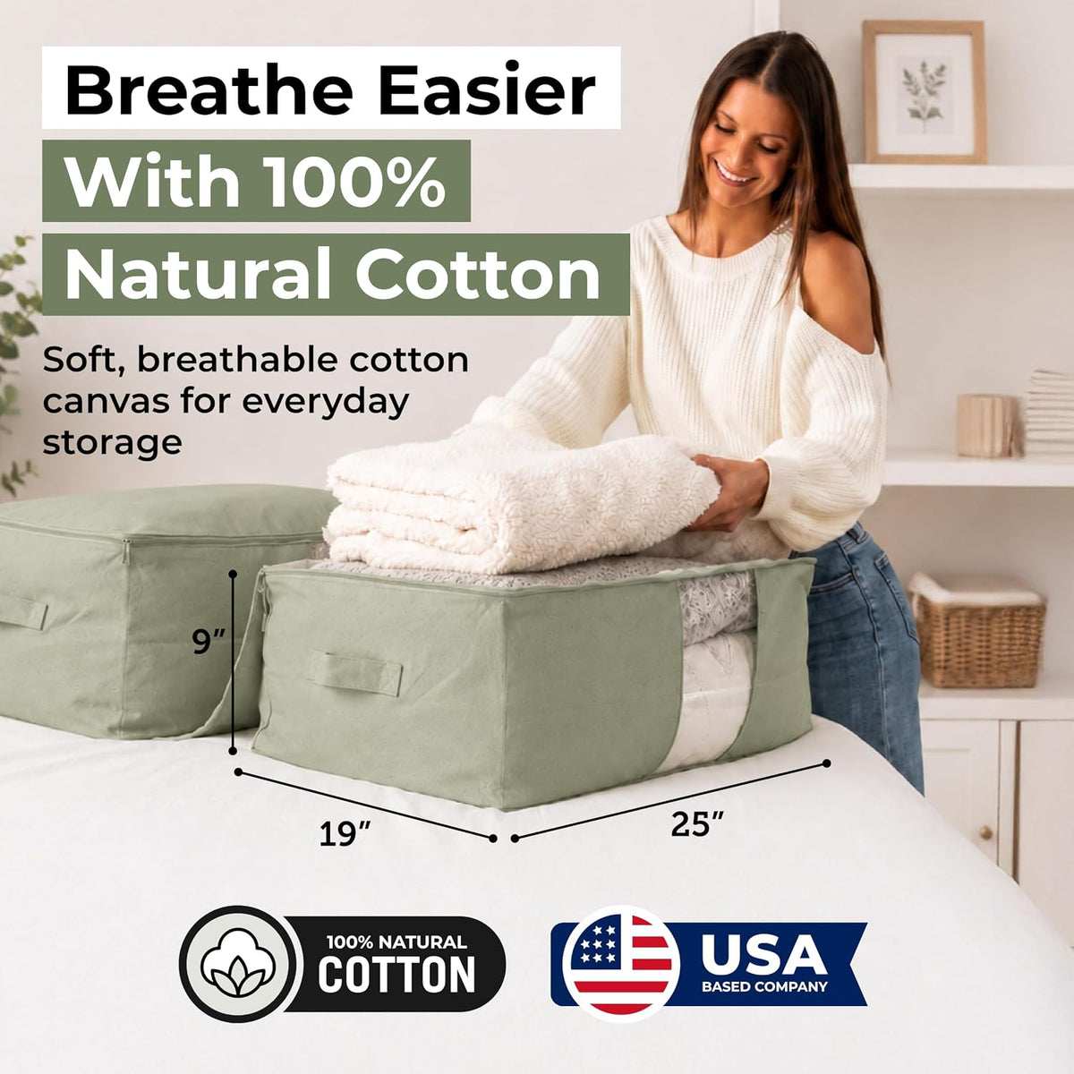 Soft Canvas Storage Bags with Zipper. Thick Breathable, 2pc King/Queen Comforter Organizer. Four Carrying Handles and Window. Large 25x19x9in Bag for Sheets Blankets Bedding Pillows, Clothes