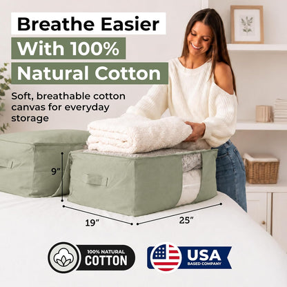 Soft Canvas Storage Bags with Zipper. Thick Breathable, 2pc King/Queen Comforter Organizer. Four Carrying Handles and Window. Large 25x19x9in Bag for Sheets Blankets Bedding Pillows, Clothes