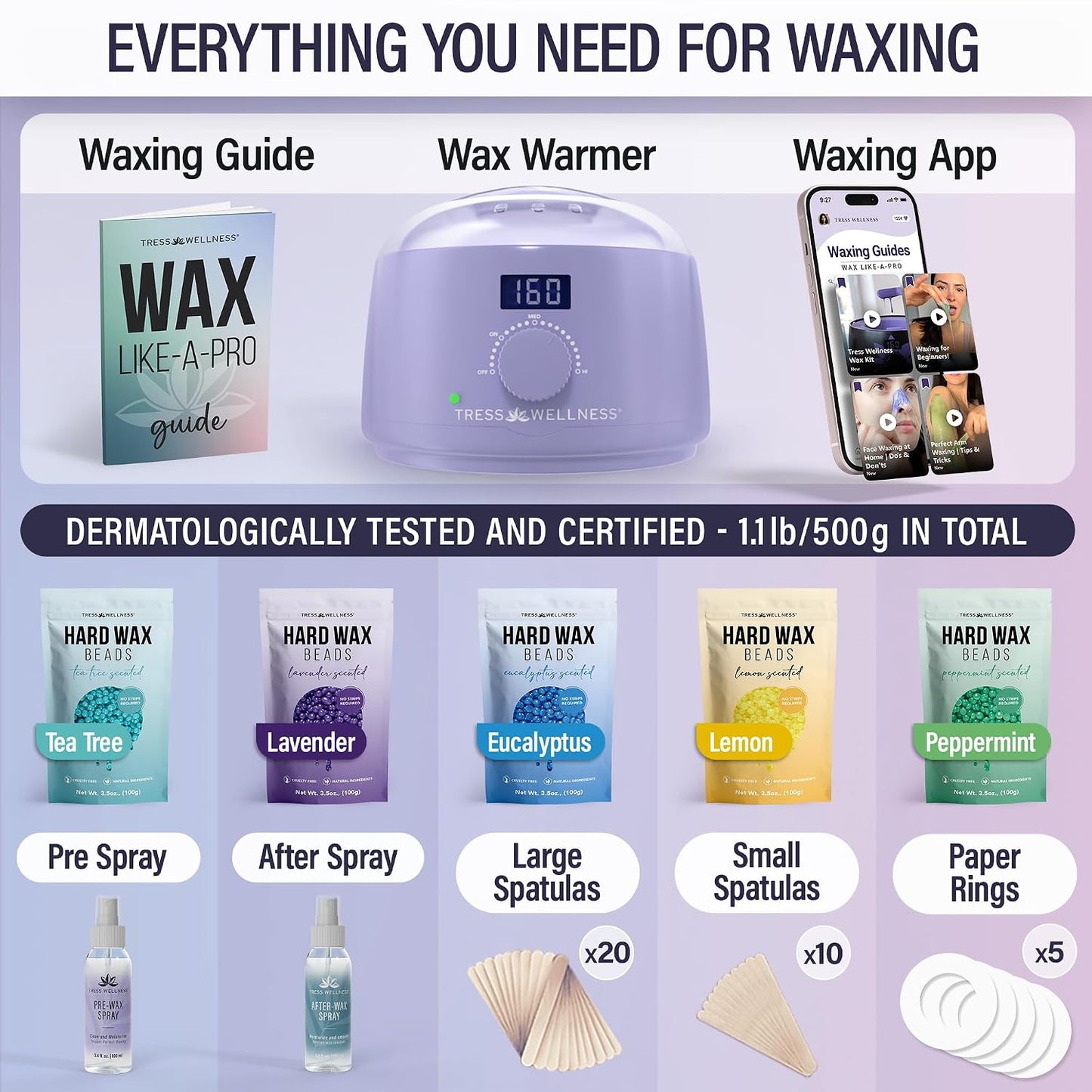 Tress Wellness Award Winning Waxing Kit for Sensitive Skin, Safe for Face & Skin, Easy to Use, At-Home Kit for Face, Bikini, Brazilian & Full Body - Digital Display, Black Purple Flower