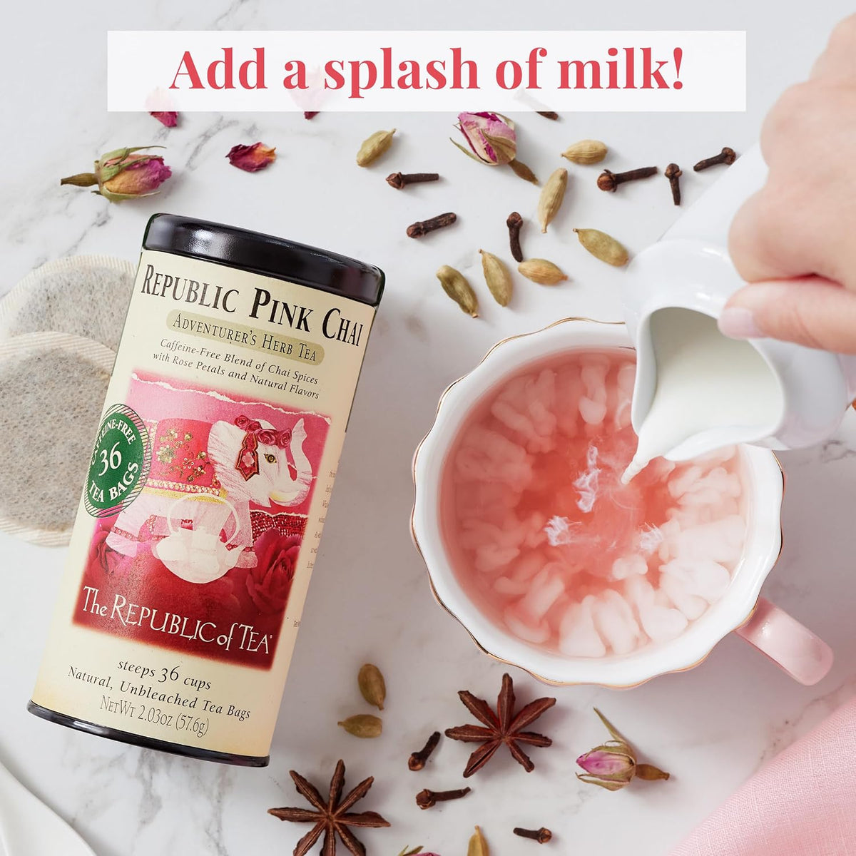 The Republic of Tea — Republic Pink Chai Herbal Tea Tin, 36 Tea Bags, Naturally Caffeine Free