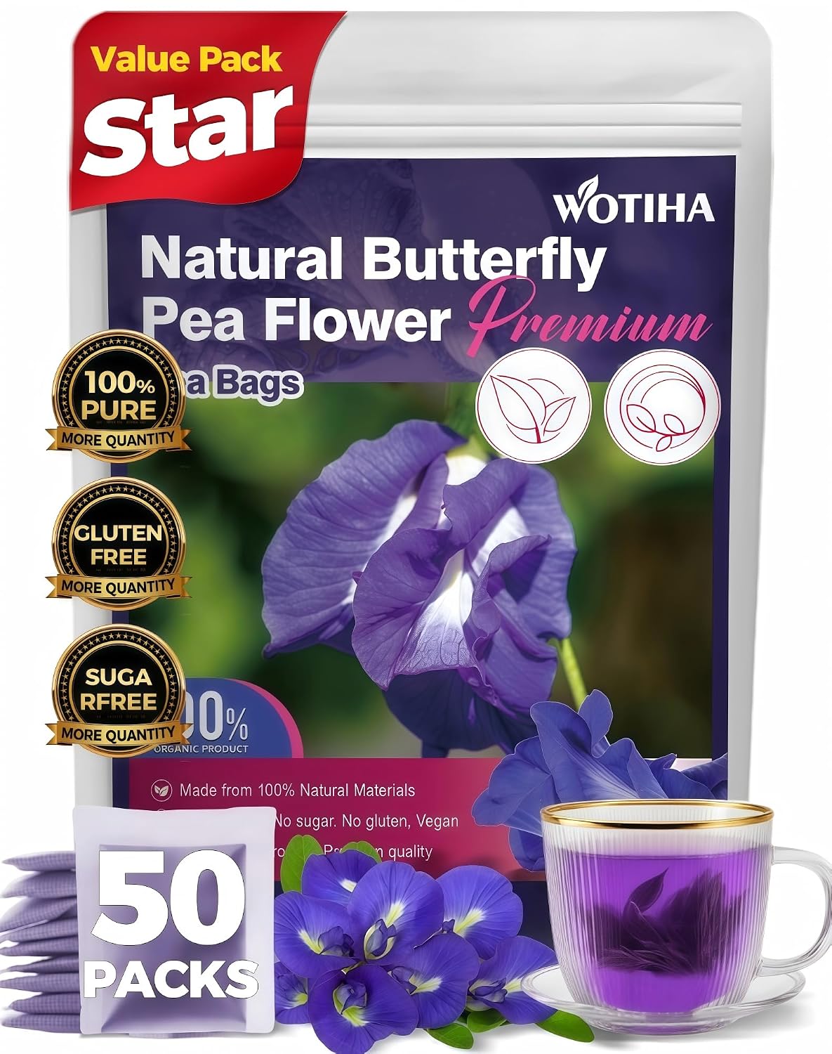 WOTIHA 60 Count Premium Lemon Balm Tea Bags - 100% Pure Natural Leaves, Lemony Citrusy Flavor, Supports Calming & Digestion, Caffeine-Free, Additive-Free, Sugar-Free, Vegan Non-GMO
