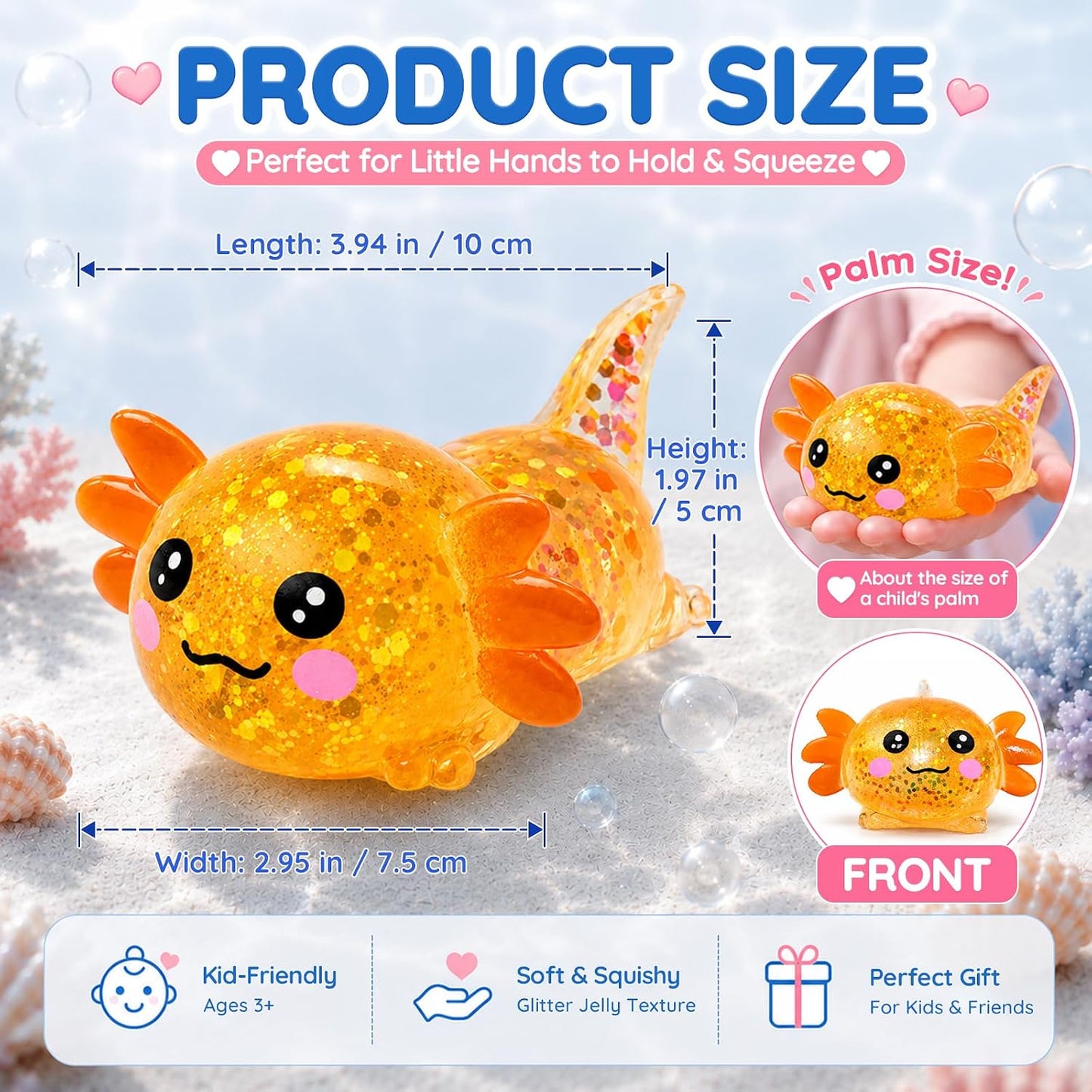 Axolotl Squishy Toy, Cute Glitter Stress Relief Fidget Toy, Soft Squeeze Sensory Toy for Kids Adults, Axolotl Squishy Stress Ball Anxiety Calming Desk Toy Party Favor Handheld Fidget (Yellow)