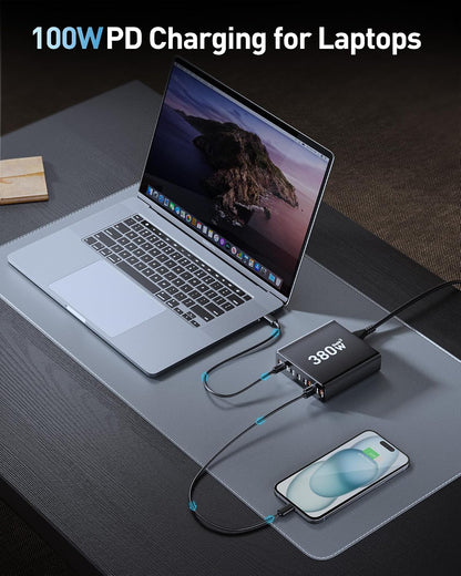 380W USB C Charger Block with 4 USB Cables Dual 100W Charging Station