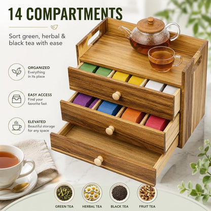 Acacia Wood Tea Bag Organizer, 3-Tier Tea Organizers with 14 Compartments