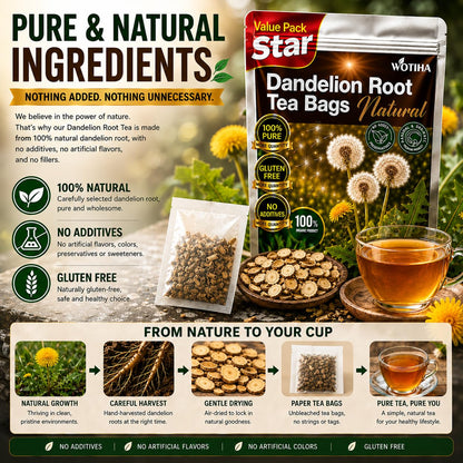WOTIHA 60 Count Premium Dandelion Root Tea Bags - 100% Natural Roasted, Supports Liver & Kidney Health, Digestion & Immunity, Caffeine-Free, Additive-Free, Gluten-Free, Vegan.