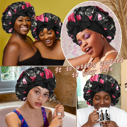Satin Bonnet for Sleeping Cap Double Layer Hair Bonnet with Elastic Tie Band for Curly Hair Night Cap (Bean Paste + Pink)