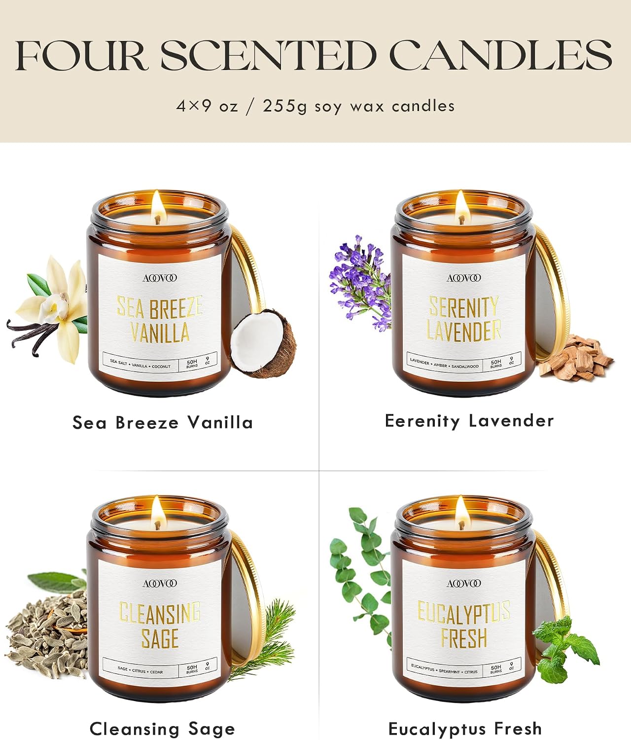 AOOVOO Scented Candles - 4PC Candle Set, 36 oz Soy Candles