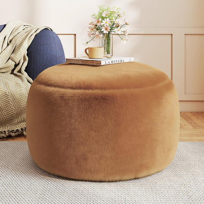 Round Stuffed Pouf Ottoman Foot Rest, Faux Fur Poufs with Memory Foam Filling, Ottomans for Living Room, Nursery, Dorm, Soft Foot Stool Ottoman for Couch, Perfect for Resting Your Feet (Grey, 20 Inch)