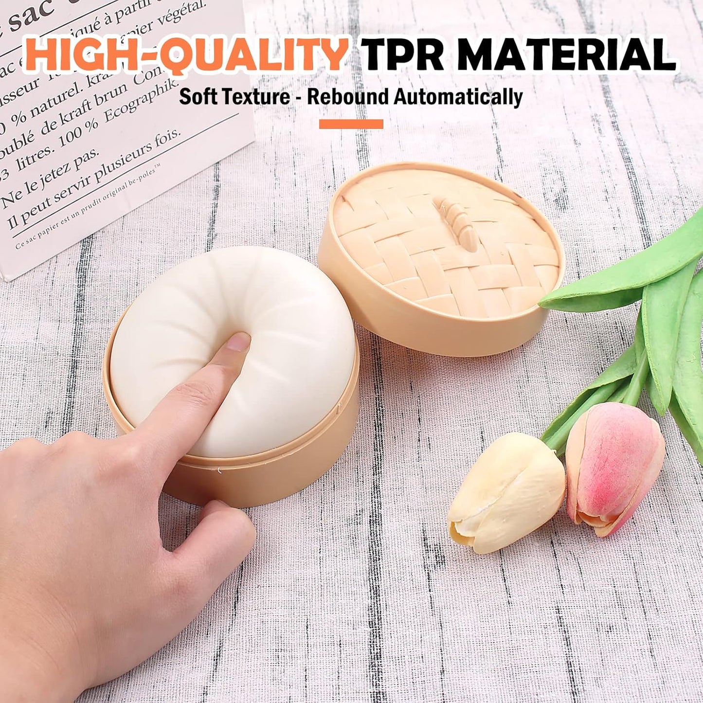 Dumpling Squishies with Box – Stretchy Sensory Squeeze Toy, Cute Kawaii Desk Stress Reliever, Soft & Durable Dumpling Fidget for Adults & Kids.