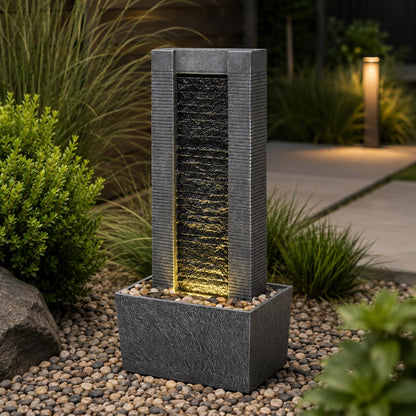 Teamson Home 38.58 in. Modern Curved Faux Slate Waterfall Fountain for Indoors or Outdoors with LED Light Accents and 1.98-Gallon Pump, Black and Stone Gray | Freestanding Floor Garden Waterfall, LED Lights, Weatherproof Polyresin, For Patio & Yard