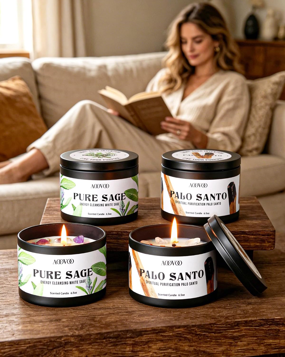 AOOVOO Sage Candle for Cleansing - 3 Wick 12oz Large Scented Candle with Crystals & Sage Leaves Inside, Soy Candles Non Toxic for Meditation Spiritual Gift, Aromatherapy Candle for Women Men
