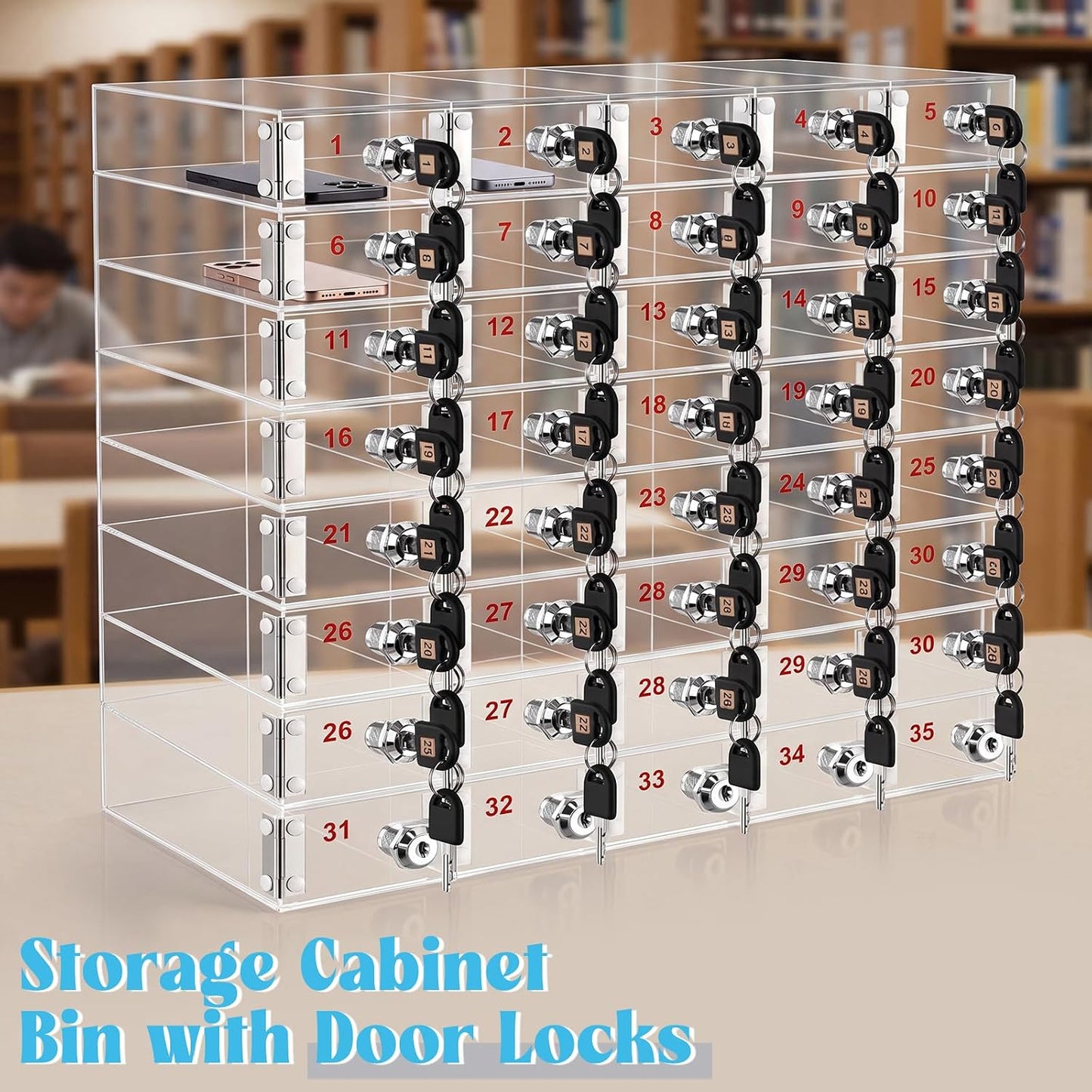 Layhit 20 Slots Cell Phone Locker Box for Classroom Clear Acrylic Cell Phone Storage Cabinet Bin with Door Locks for Classroom School Students Office Factory Employees