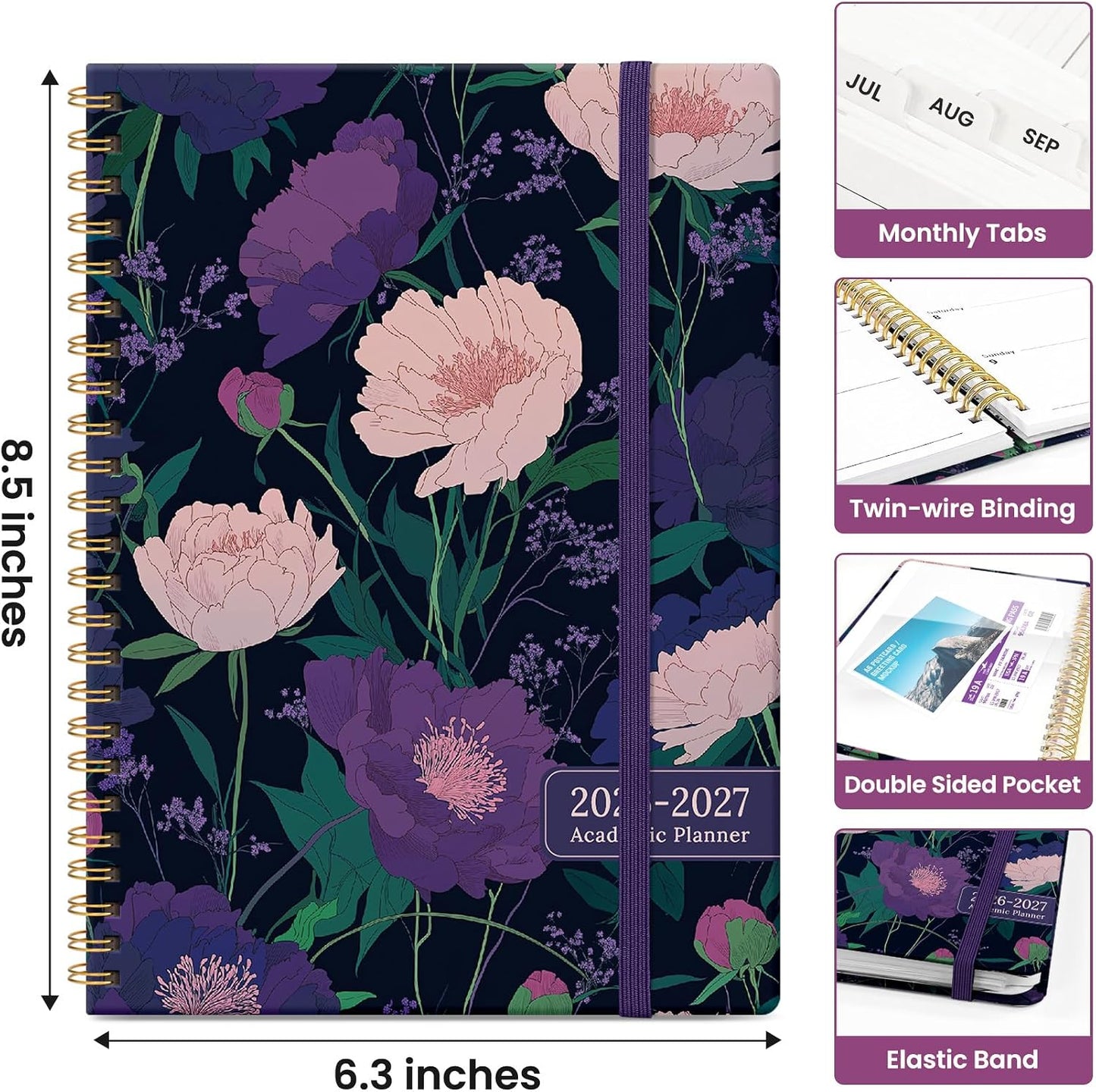 Planner 2026-2027, Academic Monthly and Weekly Calendar Planner for Women, July 2026 - June 2027, Hardcover Pretty Agenda Planner Book with Tabs, Spiral Daily Organizer for School Office Home Supplies, 6.3" x 8.5" - Blue Floral