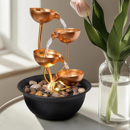 Tabletop Fountain Metal 4-Tier Cascading Bowl Water Feature Indoor Desktop Waterfall Fountain, Relaxing Zen Decor for Home Office Bedroom Meditation Gift, 9.8 Inch