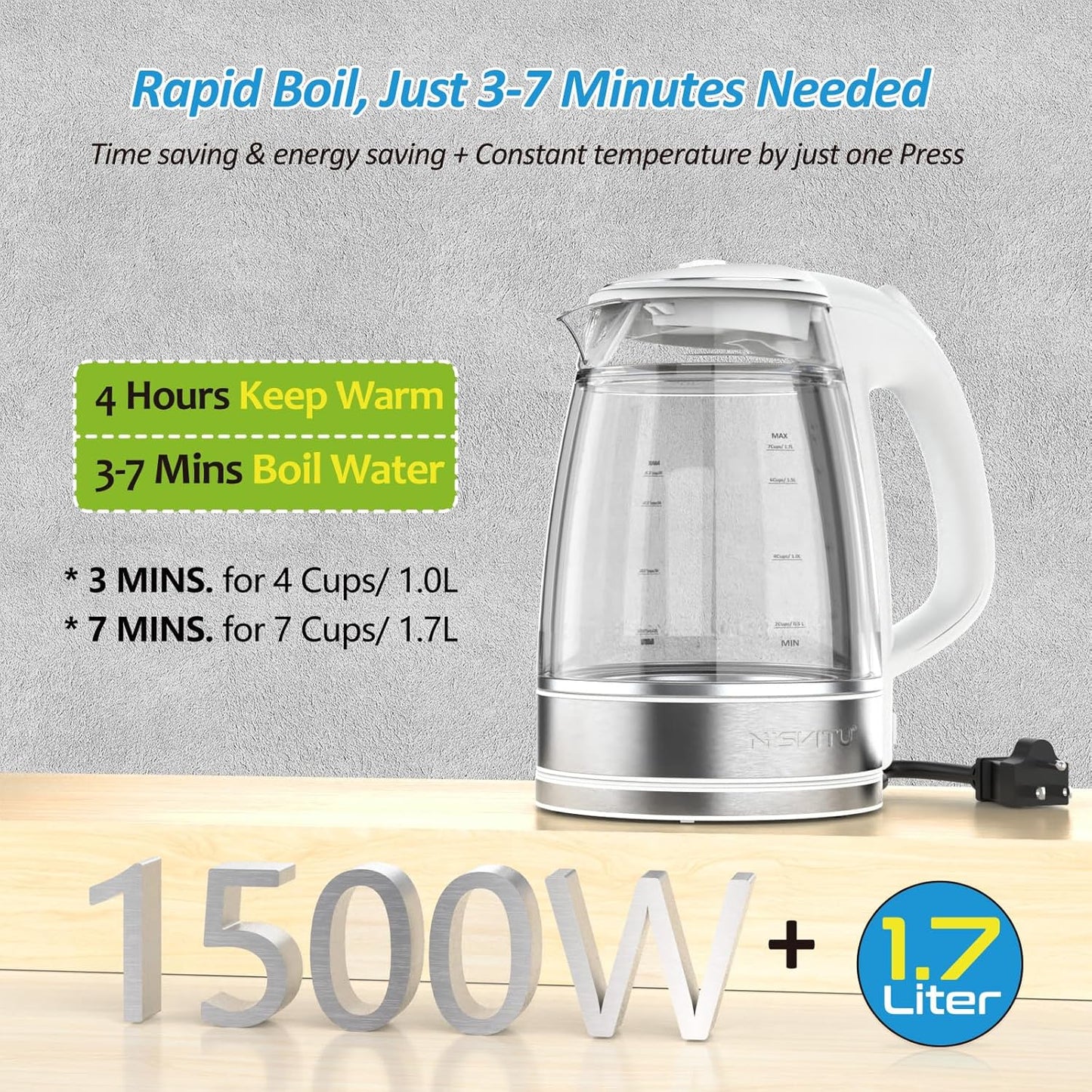 NISVITU 1.7L Dual Wall Cool Touch Electric Kettle, BPA-Free Borosilicate Glass Inner, PC Outer, 1500W Fast Boil Cordless Hot Water Boiler & Electric Tea Kettle, Keep Warm, Auto Shut-Off, White