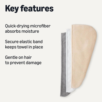 Amazon Basics Quick Dry Microfiber Hair Towel Wrap, Hair Drying Towel, Grey/Beige, 2-Pack