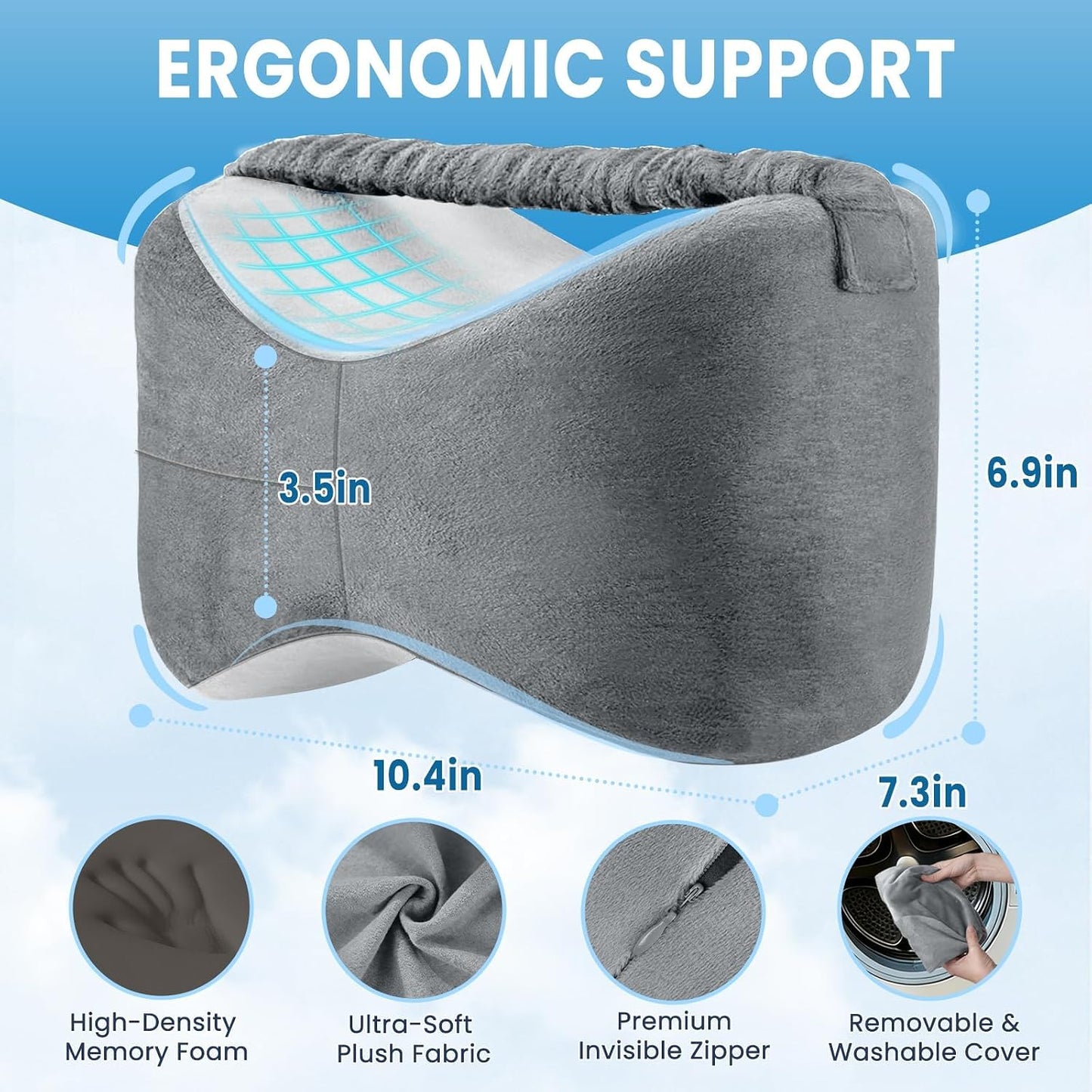 Knee Pillow for Side Sleepers with Strap, Supportive Memory Foam Leg Pillow for Side Sleeping & Spine Support, Ergonomic Curved Design for Hips and Back, Light Grey