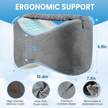 Knee Pillow for Side Sleepers with Strap, Supportive Memory Foam Leg Pillow for Side Sleeping & Spine Support, Ergonomic Curved Design for Hips and Back, Light Grey