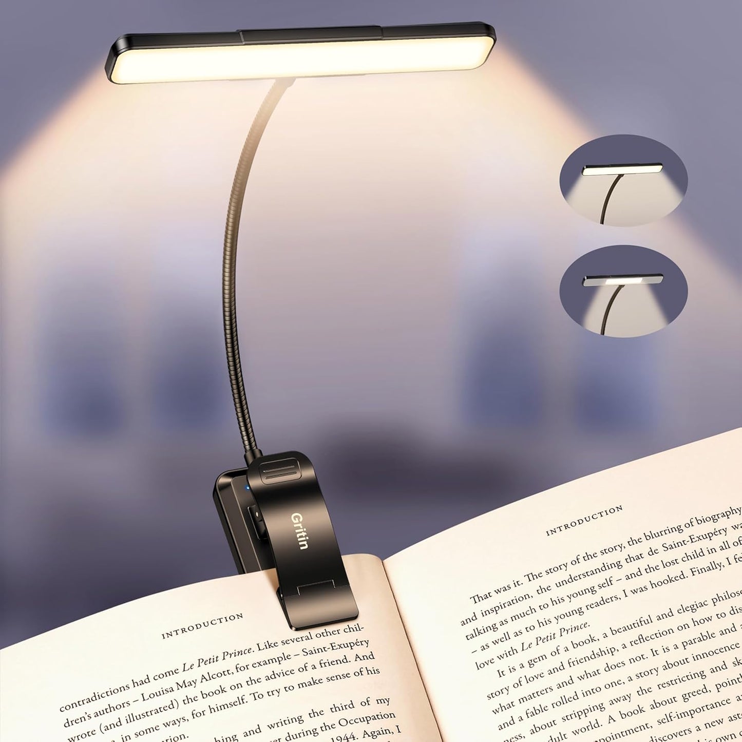 Gritin 2026 Gen 2 Book Light for Reading- 32 Eye Caring Full Spectrum LED | 5 Colors & 5 Brightness, Adjustable Wide/Narrow Beam, Upgrade 1500mAh Long-Lasting Rechargeable Clip on Light for Book Lovers