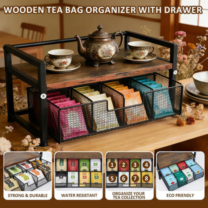 Tea Bag Organizer Holder, Wood Tea Organizers and Storage, 8 Compartments