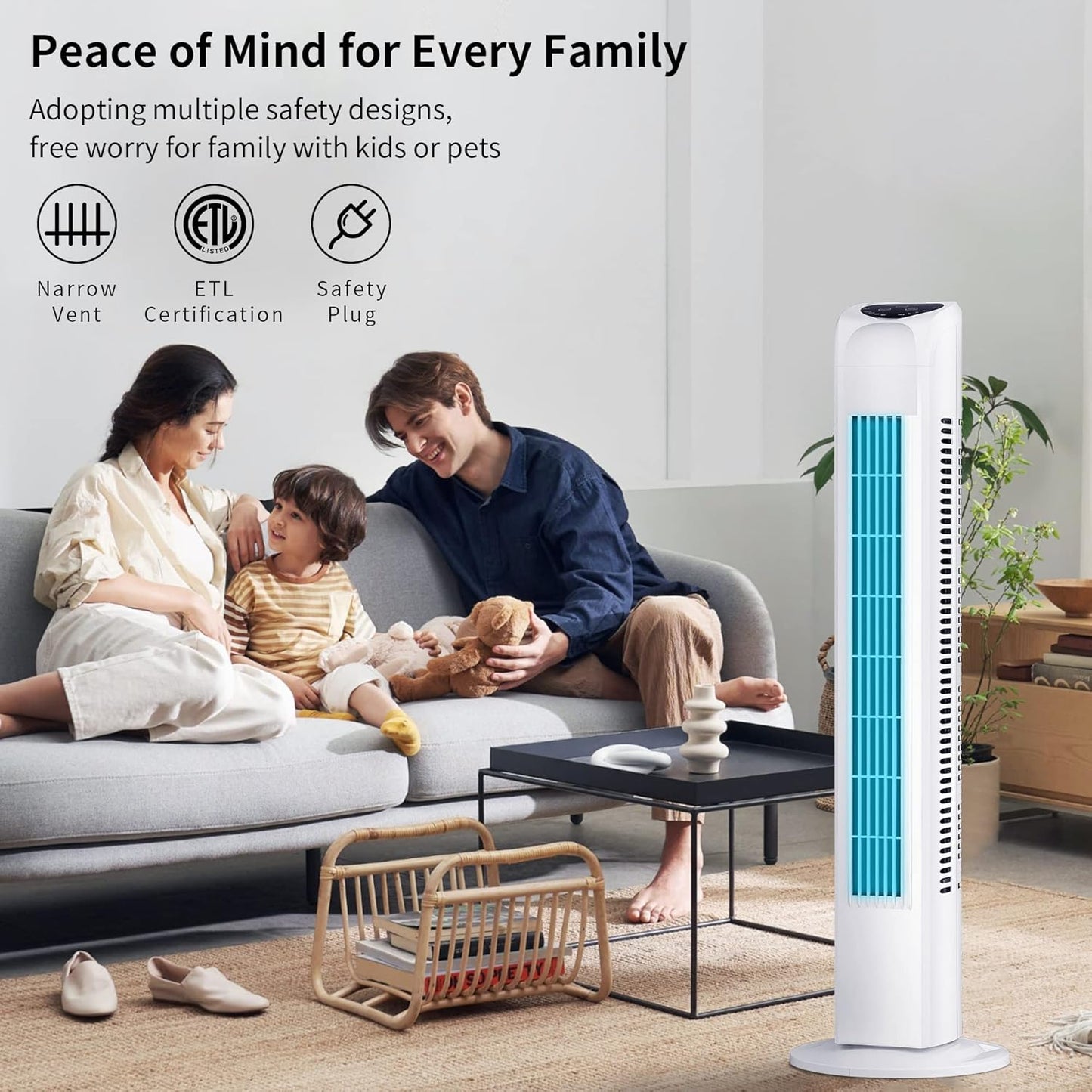 Uthfy Oscillating Tower Fan for Bedroom, Portable Standing Fan with Remote, 3 Modes 3 Speeds, 7.5H Timer, 120° Quiet Cooling for Living room, Office, Black