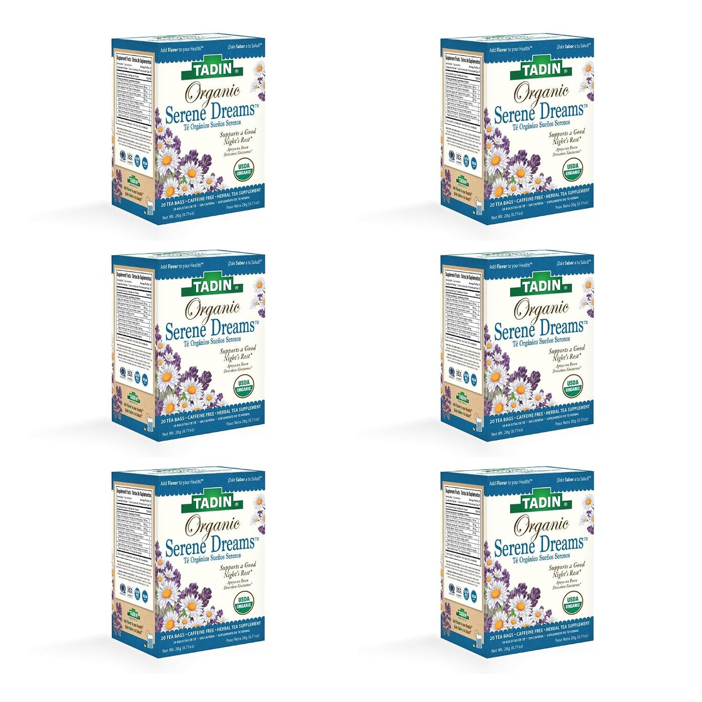 Tadin Organic Chamomile Lavender Tea, Caffeine Free Herbal Tea to Promote Serenity, 20 Tea Bags Per Box, Pack of 6