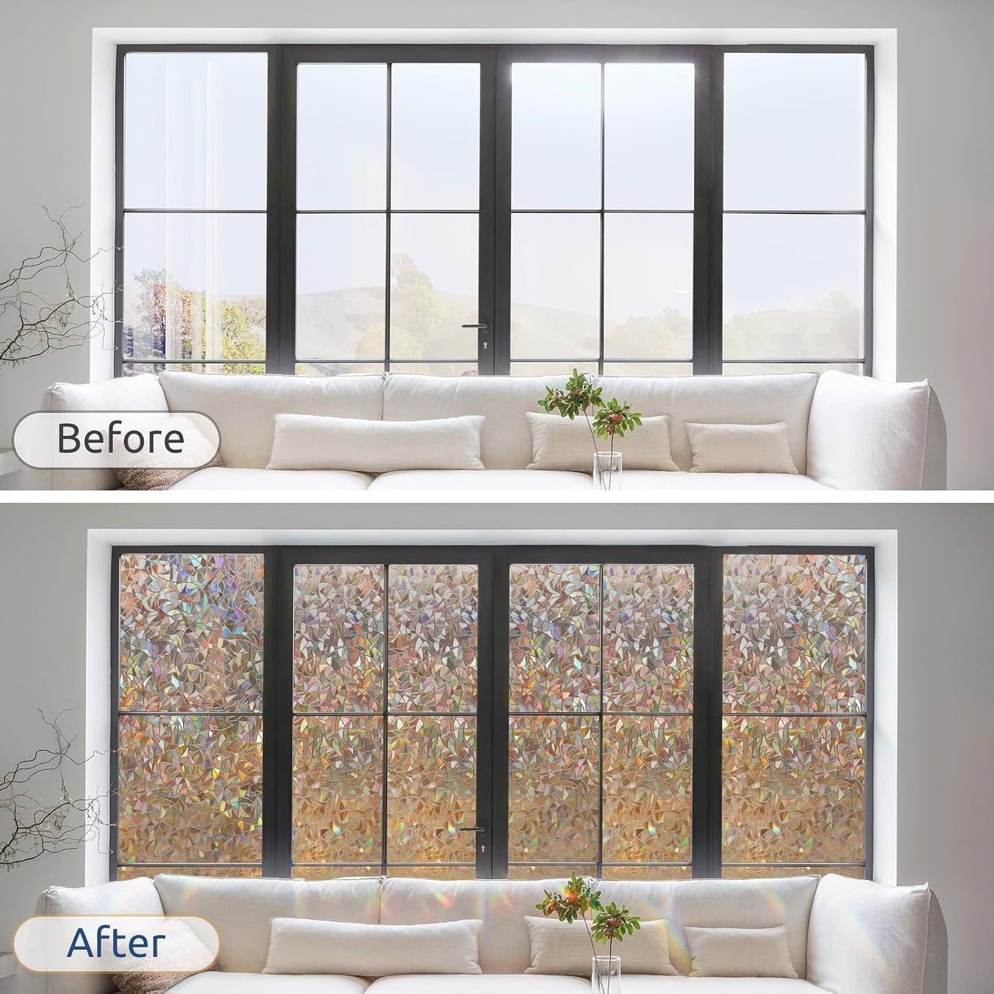 rabbitgoo Window Privacy Film Rainbow Film Decorative Window Sticker, 3D Static Stained Glass Cling Tint for Home Heat Control Non-Adhesive, 17.5 x 78.7 inches