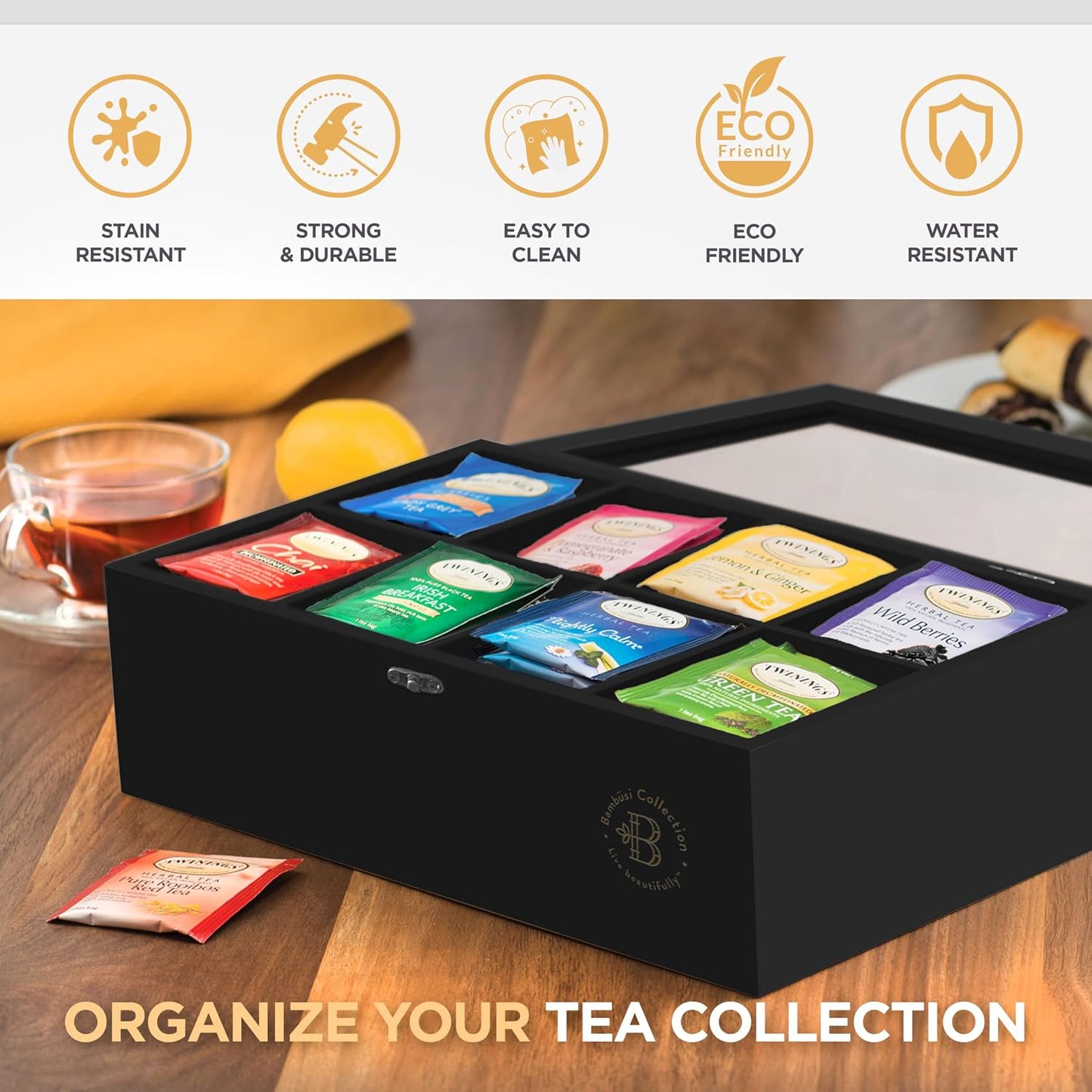 Tea Bag Organizer with Drawer - Bamboo Tea Box Organizer, 8-Compartment Tea Storage Box with Acrylic Lid and Magnetic Closure, Tea Box for Kitchen Counter, Gifts for Mom, Wife, Tea Lovers (White)