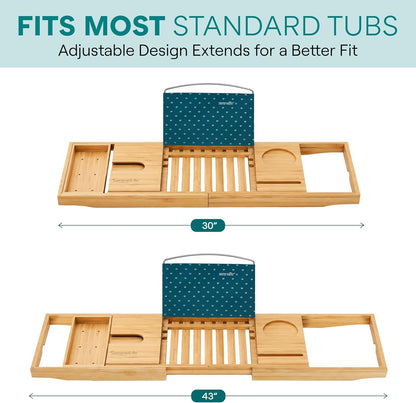 SereneLife 2 in 1 Bed and Bath Tray - Foldable Bamboo Bathtub Caddy with Adjustable Length, Non-Slip, Device Holder, Wine Glass Slot, Expandable for Comfortable Bathing, Natural, Folding Set