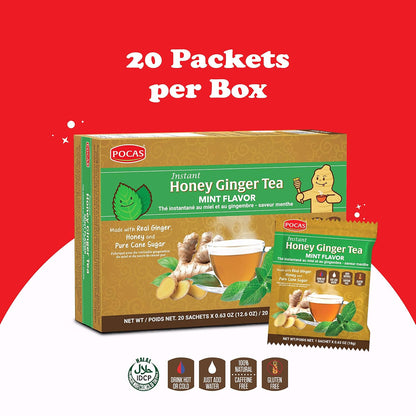 Pocas Honey Ginger Instant Tea Powder, Mint Flavor, Real Ginger Extract & Sweetener, Caffeine-Free Tea, 20 Packets