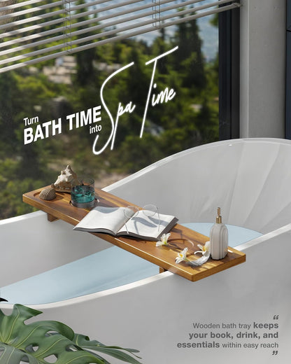 Bathtub Tray, Acacia Bath Tray for Tub, 34.6''x9'' Wooden Bathtub Caddy Tray with Adjustable Legs Fit Various Bathtubs, Anti-Tipping, Sustainable Bath Table with Wine Glass and Tablet Holder