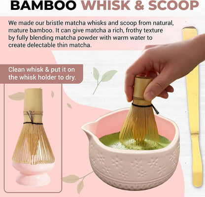 Matcha Whisk Set with Matcha Bowl - Matcha Set Included Electric Frother, Bamboo Whisk, Matcha Spoon, Bamboo Holder, Sifter, Spoon Stand (Mottled Green)